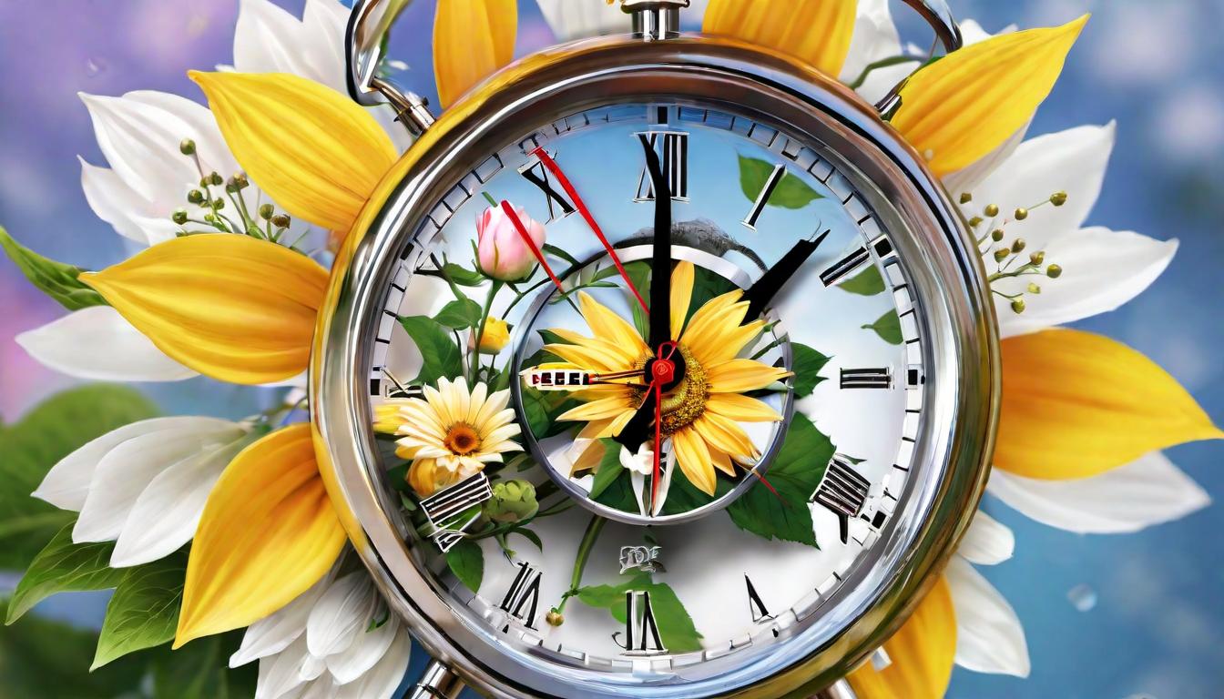  digital illustration, A clock with its hands spinning rapidly in a blur, positioned above a blooming flower, embodying the concept of divine timing over delay, cycle of growth, time's fluidity, looking at viewer, dynamic pose, (intricate details, masterpiece, best quality)