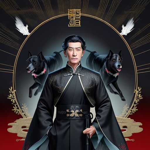  Chinese tunic suit man and a black dog, the role should be handsome and fierce, black dog should be funny,