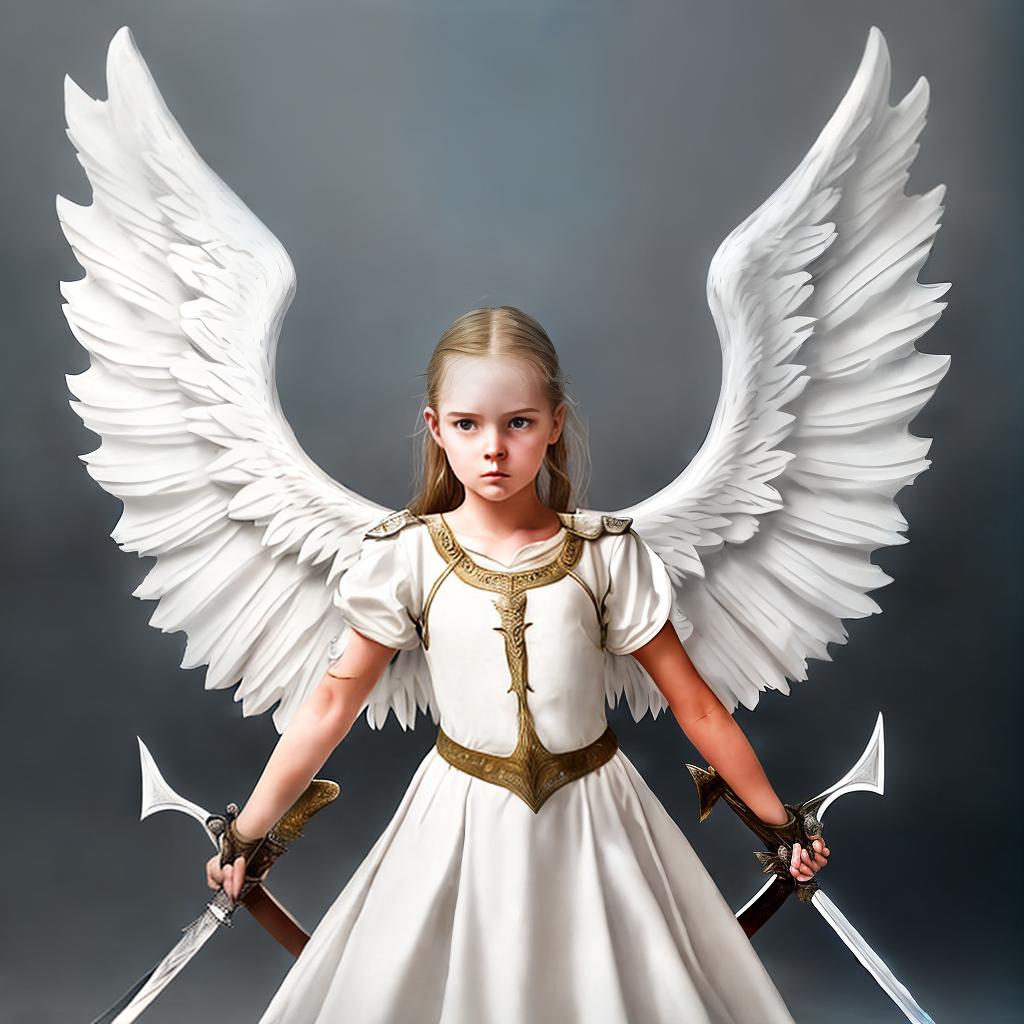  A full-length girl with angel wings stands leaning her forehead on her sword. She is wearing a white dress  Her face reflects battle fatigue and determination.