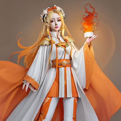  Character Sheet, Goddess, Fire Goddess, Young Woman, Blonde Fire Hair, Hair on Fire, Orange Eyes, White long tailcoat accented by Orange, White knee-high boots accented by orange, Grey Leggings, Anime, Fantasy