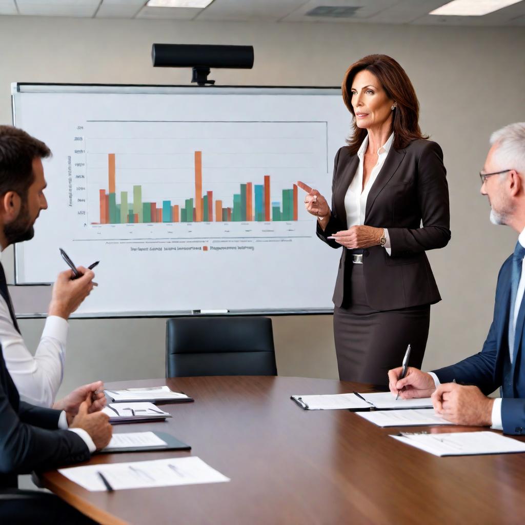  A 53-year-old woman with brown hair and brown eyes in a professional environment conducting a business meeting. She looks confident and experienced. She's dressed in a business suit, presenting to a group of colleagues seated around a conference table. Include elements such as a whiteboard or a projection screen with charts or graphs, and participants taking notes or engaging in discussion. The setting should be a well-lit, modern office meeting room. hyperrealistic, full body, detailed clothing, highly detailed, cinematic lighting, stunningly beautiful, intricate, sharp focus, f/1. 8, 85mm, (centered image composition), (professionally color graded), ((bright soft diffused light)), volumetric fog, trending on instagram, trending on tumblr, HDR 4K, 8K