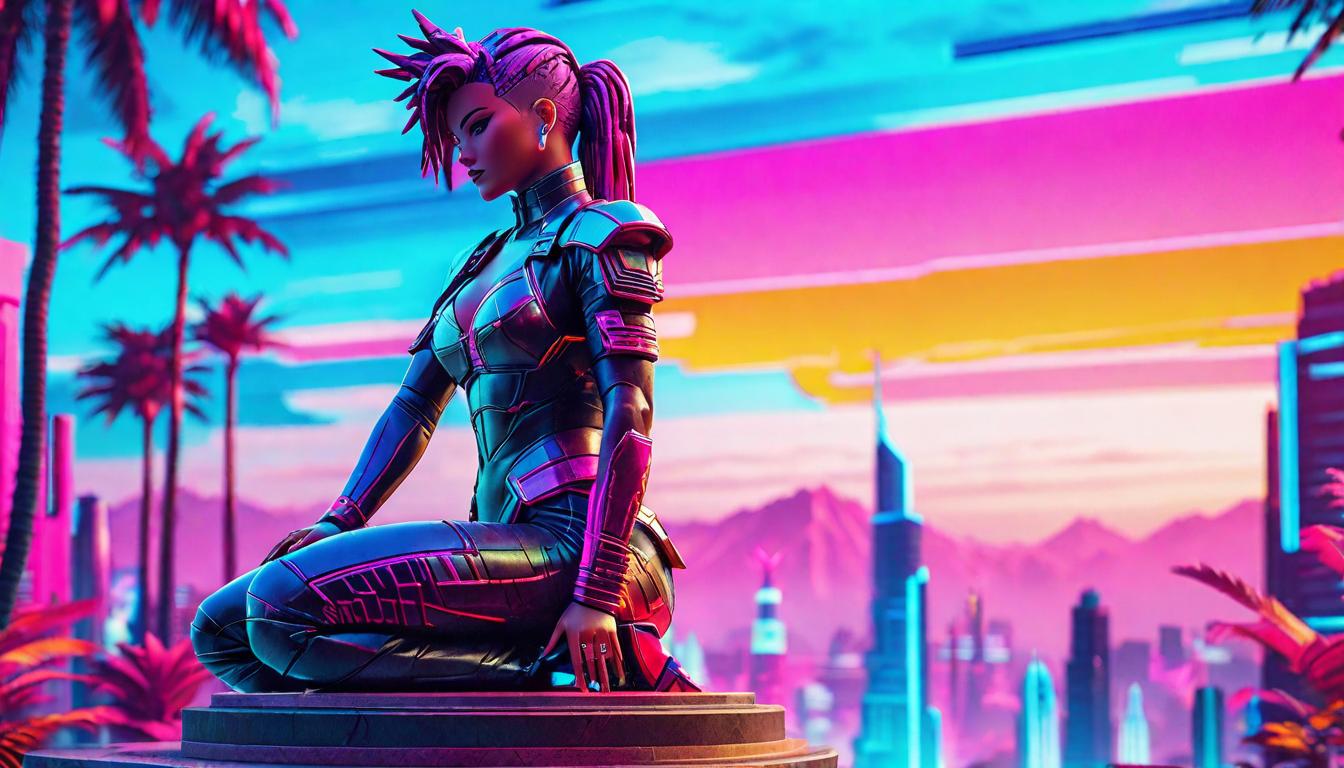  vaporwave,cyberpunk game style A cracked and weathered statue in the foreground, with a vibrant oasis in the background, stark contrast, Healing, restoration, contrast.eon, dystopian, futuristic, digital, vibrant, detailed, high contrast, reminiscent of cyberpunk genre video games,retro aesthetic, cyberpunk, vibrant, neon colors, vintage 80s and 90s style, highly detailed