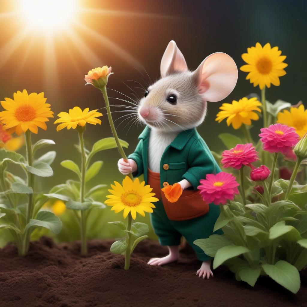  A mouse dressed as a gardener waters a flower bed with flowers against the background of the rising sun in the Space Art style