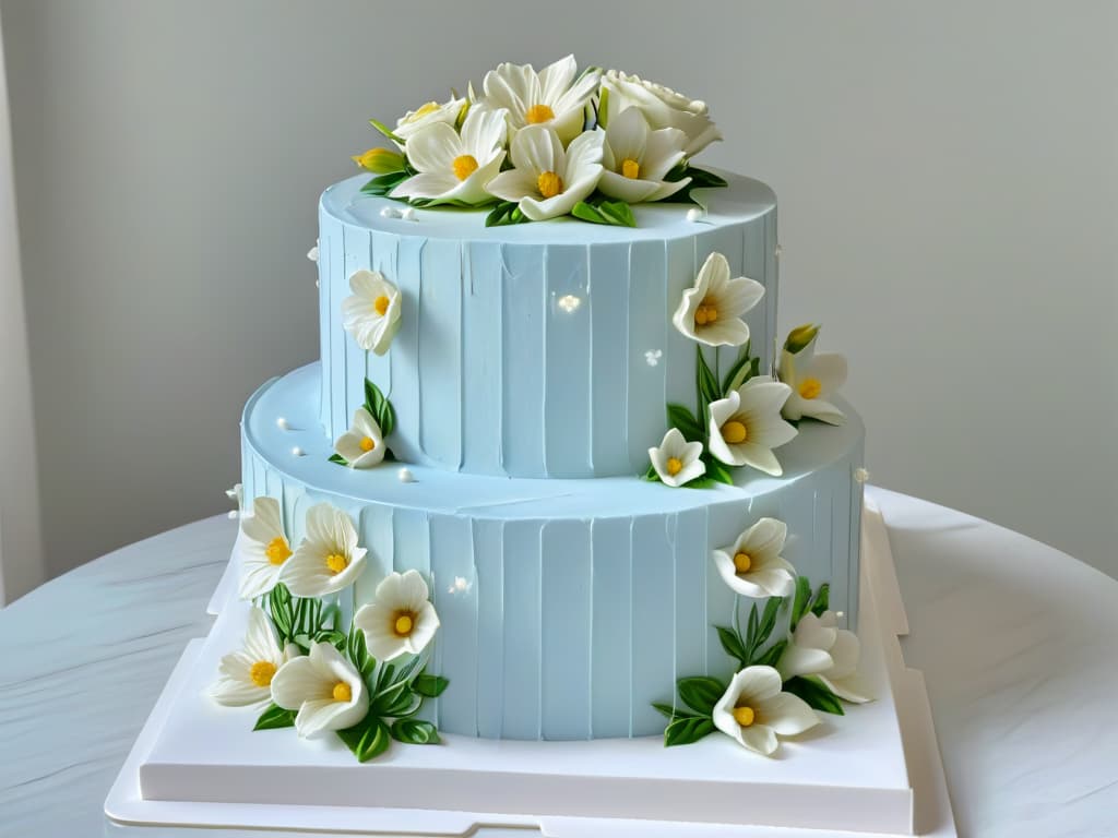  A closeup, ultradetailed image of a perfectly glazed and meticulously decorated threetiered wedding cake, adorned with delicate sugar flowers and intricate piping details. The cake is elegantly displayed on a sleek, modern marble countertop, with soft, diffused natural light casting a gentle glow on its flawless surface. The intricate textures, vibrant colors, and impeccable craftsmanship of the cake are showcased in stunning clarity, inviting viewers to appreciate the artistry and skill involved in creating such a masterpiece. hyperrealistic, full body, detailed clothing, highly detailed, cinematic lighting, stunningly beautiful, intricate, sharp focus, f/1. 8, 85mm, (centered image composition), (professionally color graded), ((bright soft diffused light)), volumetric fog, trending on instagram, trending on tumblr, HDR 4K, 8K