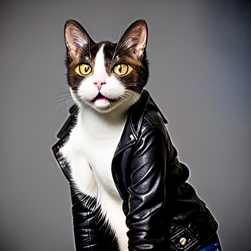  A cat wearing a leather jacket and a black jacket with a yellow tail