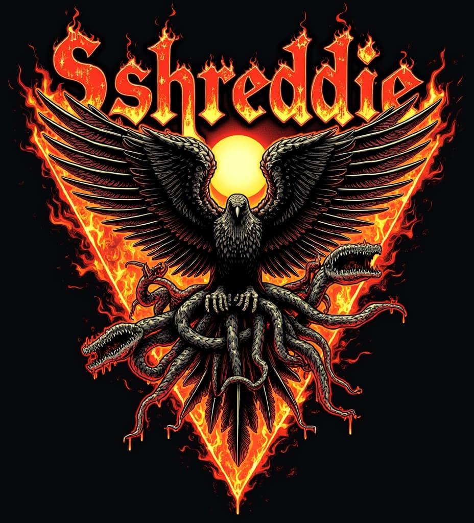  good quality, high quality, death metal shirt design. there are designs related to metal music. fire and abstract shapes. organs are strewn about. the letters "shreddie" on top of the design. epic font. wild western themes and design elements are on the shirt as well. no bird, no wings.