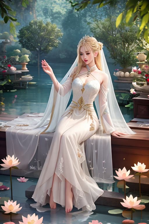  Blonde Fairy Classical beautiful bare feet soak in lotus pond water clear water a lot of wash her fair beautiful feet Her feet very smelly white wedding dress hyperrealistic, full body, detailed clothing, highly detailed, cinematic lighting, stunningly beautiful, intricate, sharp focus, f/1. 8, 85mm, (centered image composition), (professionally color graded), ((bright soft diffused light)), volumetric fog, trending on instagram, trending on tumblr, HDR 4K, 8K