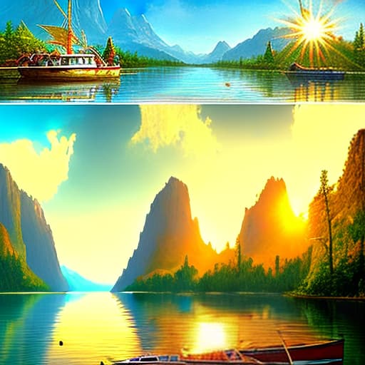 mdjrny-v4 style Mountains, lakes, boats, sun