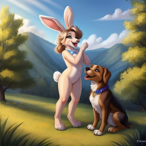  feral, bestiality, (big male dog) fucking (young female anthro bunny), open eyes, digital art, masterpiece, 4k, fine details,