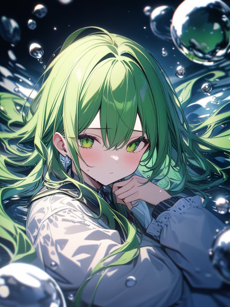  Green hair character in a large droplet drip, green hair in "water drops", masterpiece, best quality,8k,ultra detailed,high resolution,an extremely delicate and beautiful,hyper detail