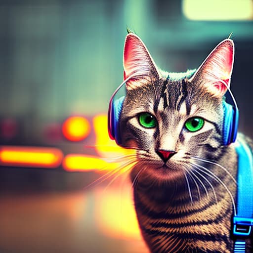 nvinkpunk Realistic image of a cat wearing headphones and reading glasses while riding a bus. hyperrealistic, full body, detailed clothing, highly detailed, cinematic lighting, stunningly beautiful, intricate, sharp focus, f/1. 8, 85mm, (centered image composition), (professionally color graded), ((bright soft diffused light)), volumetric fog, trending on instagram, trending on tumblr, HDR 4K, 8K