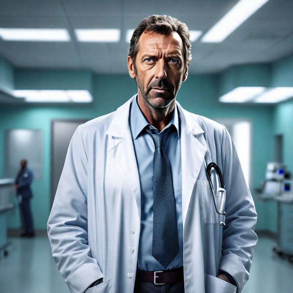  a 3D rendered (cartoon character) of ((Dr. House from the TV series House M.D.)), standing in a (hospital setting), with his (iconic cane) and ((sarcastic expression)), (hyperrealistic), (detailed clothing), (highly detailed), (cinematic lighting), (stunningly beautiful), (intricate), (sharp focus), (f/1.8), (85mm), ((centered image composition)), ((professionally color graded)), ((bright soft diffused light)), (volumetric fog), ((trending on instagram)), ((trending on tumblr)), (HDR 4K), (8K) hyperrealistic, full body, detailed clothing, highly detailed, cinematic lighting, stunningly beautiful, intricate, sharp focus, f/1. 8, 85mm, (centered image composition), (professionally color graded), ((bright soft diffused light)), volumetric fog, trending on instagram, trending on tumblr, HDR 4K, 8K