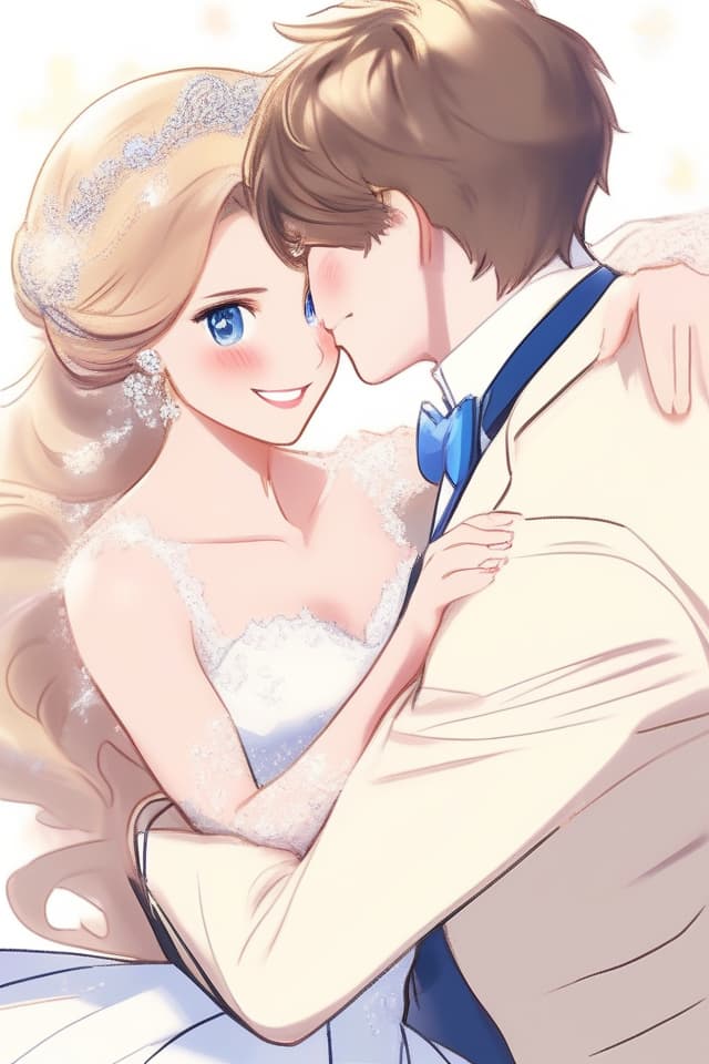  gentle ilration style,(((woman ing man on cheek)))((close up of upper body))(wedding of man and woman)),masterpiece,{,beautiful ,shiny straw colored hair,blue eyes,long wavy hair,,slender,(wearing a nice white wedding dress) }{beautyYoung man,smiling,,handsome,beautiful cocoa brown hair color,short slightly wavy hair,blue eyes,tall,(wearing white tuxedo) },high quality,8K,16K