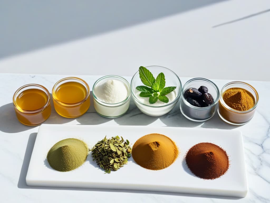  A closeup, highresolution image of a beautifully arranged assortment of natural sweeteners like stevia leaves, dates, agave nectar, and coconut sugar, set on a sleek, modern marble surface. The natural colors and textures of the sweeteners contrast elegantly with the smooth, cool surface, creating a visually appealing and calming composition that perfectly complements the professional and informative tone of the article on using natural sweeteners in vegan baking. hyperrealistic, full body, detailed clothing, highly detailed, cinematic lighting, stunningly beautiful, intricate, sharp focus, f/1. 8, 85mm, (centered image composition), (professionally color graded), ((bright soft diffused light)), volumetric fog, trending on instagram, trending on tumblr, HDR 4K, 8K