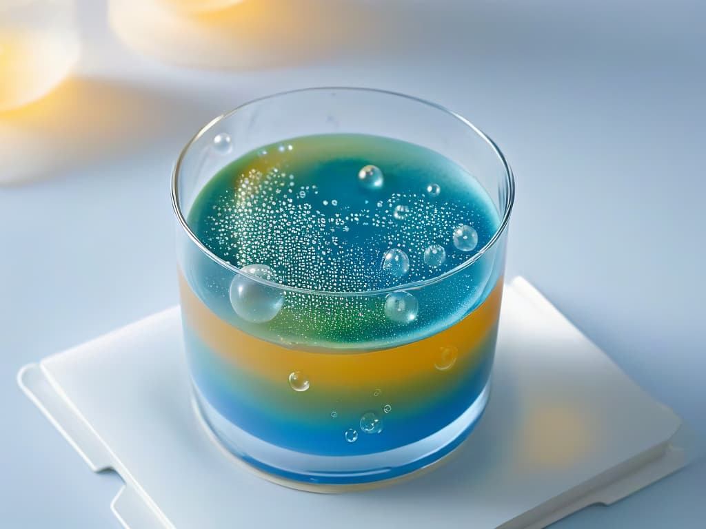  A closeup, ultradetailed image of a perfectly clear, shimmering gelatin dessert in a glass, with tiny, delicate bubbles trapped inside, reflecting light and creating an ethereal, magical effect. The bubbles are evenly distributed, adding a sense of lightness and delicacy to the dessert. The glass is placed on a simple, elegant white background to emphasize the beauty and precision of the bubble incorporation technique. hyperrealistic, full body, detailed clothing, highly detailed, cinematic lighting, stunningly beautiful, intricate, sharp focus, f/1. 8, 85mm, (centered image composition), (professionally color graded), ((bright soft diffused light)), volumetric fog, trending on instagram, trending on tumblr, HDR 4K, 8K