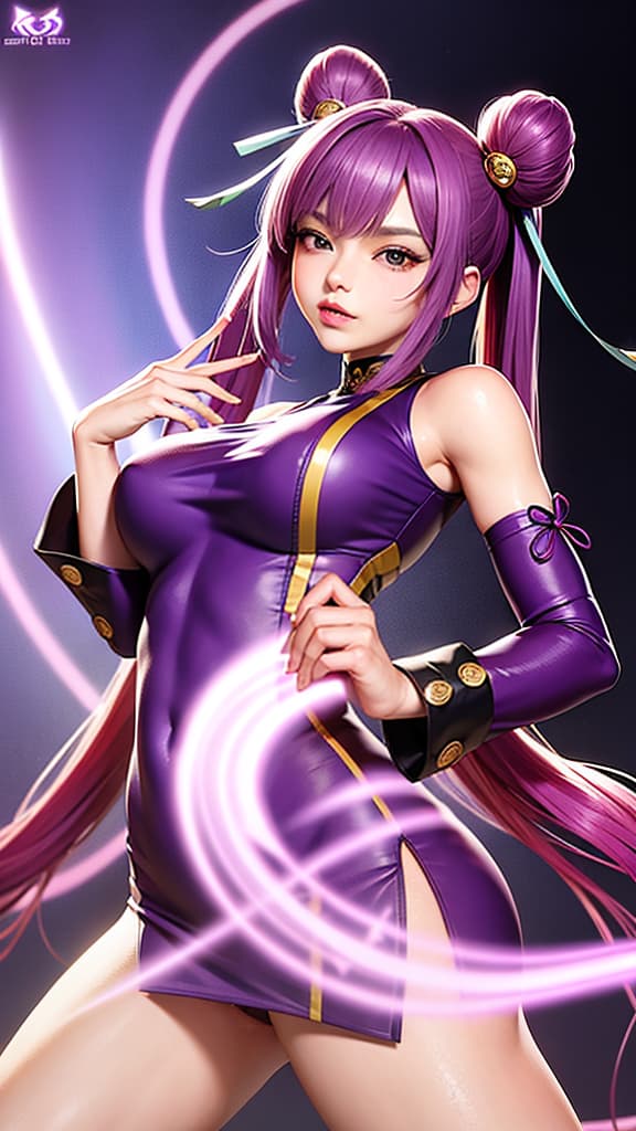   fox , keqing (genshin impact),purple eyes,purple hair,twintails, hair ornament,bare shoulders,dress,hair bun,detached sleeves,