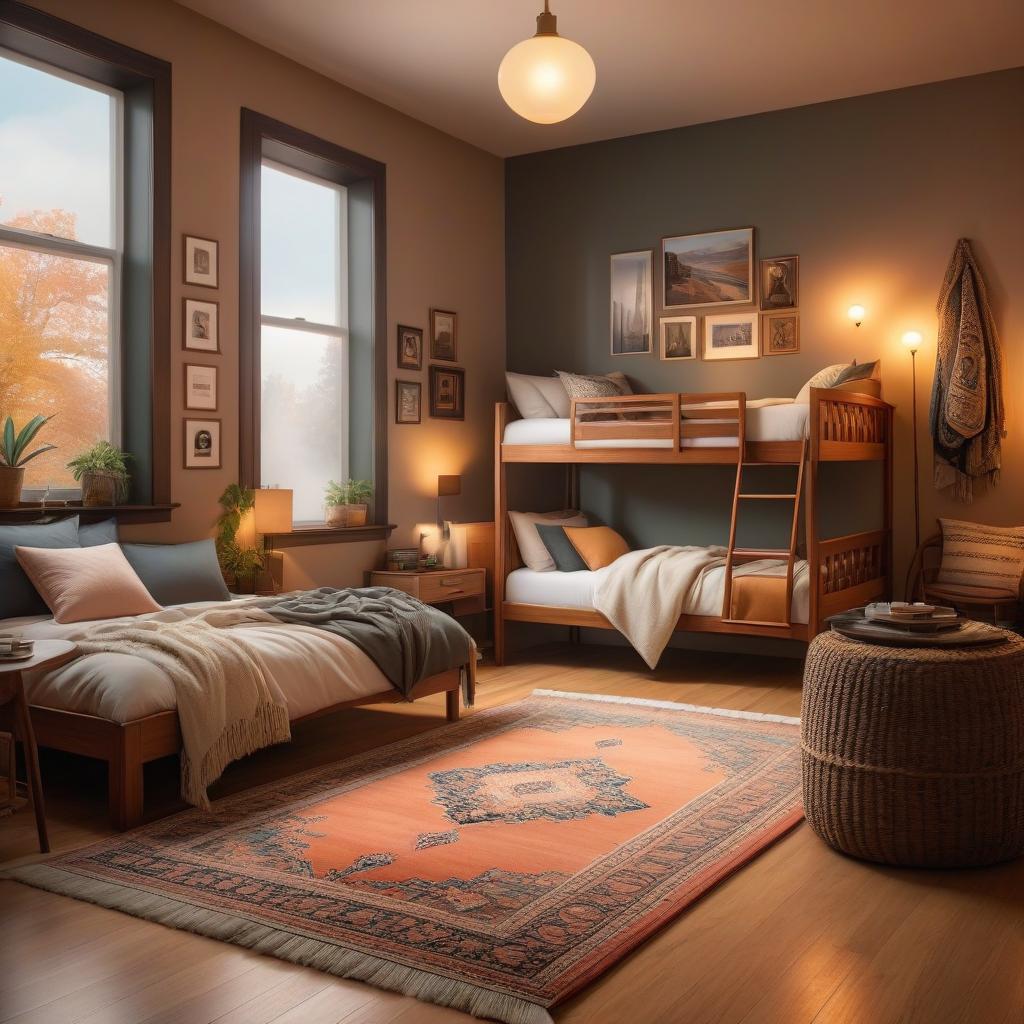  Interior for a dorm room for three people. Warm tone walls. A beautiful plush rug. hyperrealistic, full body, detailed clothing, highly detailed, cinematic lighting, stunningly beautiful, intricate, sharp focus, f/1. 8, 85mm, (centered image composition), (professionally color graded), ((bright soft diffused light)), volumetric fog, trending on instagram, trending on tumblr, HDR 4K, 8K