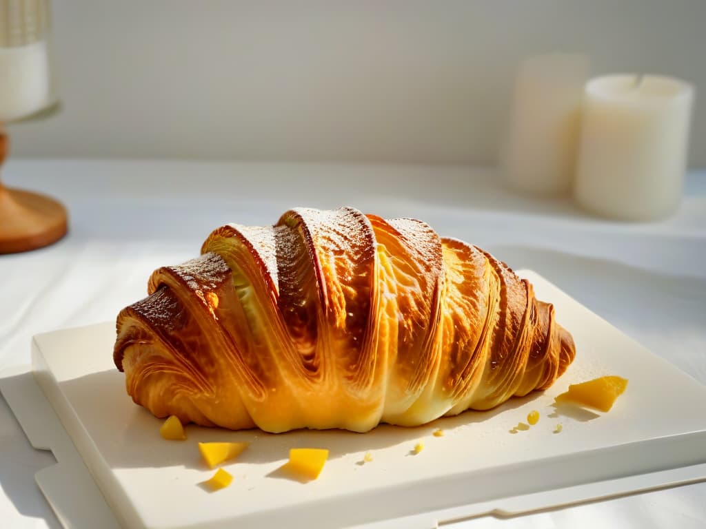  A closeup, ultradetailed shot of a golden, freshly baked croissant made with European butter, showcasing its flaky layers and buttery sheen. The croissant sits on a sleek, modern white plate, set against a soft, blurred background to emphasize its goldenbrown color and inviting texture. hyperrealistic, full body, detailed clothing, highly detailed, cinematic lighting, stunningly beautiful, intricate, sharp focus, f/1. 8, 85mm, (centered image composition), (professionally color graded), ((bright soft diffused light)), volumetric fog, trending on instagram, trending on tumblr, HDR 4K, 8K