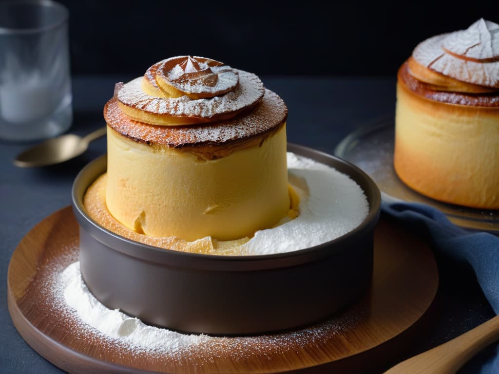  A closeup, highresolution image of a perfectly goldenbrown soufflé rising elegantly out of a ramekin, showcasing a delicate and airy texture. The soufflé is dusted with a light sprinkle of powdered sugar, set against a dark, matte background that accentuates its impeccable rise and golden hue. The minimalistic composition highlights the craftsmanship and precision required in advanced pastry techniques, appealing to aspiring pastry chefs looking to elevate their skills at a culinary retreat. hyperrealistic, full body, detailed clothing, highly detailed, cinematic lighting, stunningly beautiful, intricate, sharp focus, f/1. 8, 85mm, (centered image composition), (professionally color graded), ((bright soft diffused light)), volumetric fog, trending on instagram, trending on tumblr, HDR 4K, 8K