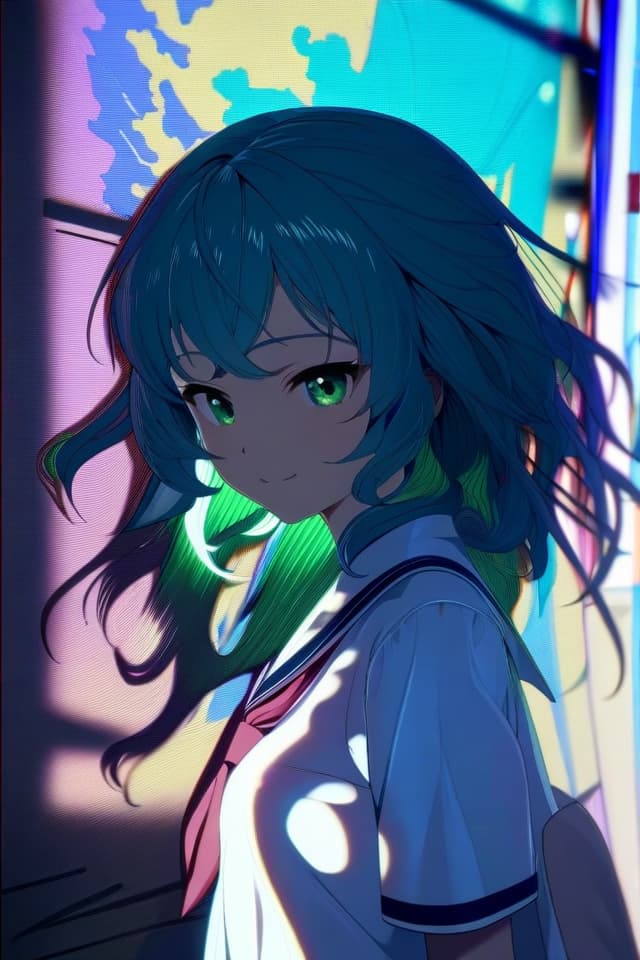  a beautiful blue haired girl,long messy hair,beautiful detailed deep green eyes,cute and beautiful face,shy smile,School uniform,colorful,(masterpiece:1.2),(best quality:1.2),ultra detailed,best shadow,detailed background,high contrast,(best illumination,an extremely delicate and beautiful),((cinematic light)),hyper detail,dramatic light,intricate details,8k,anime,very aesthetic,