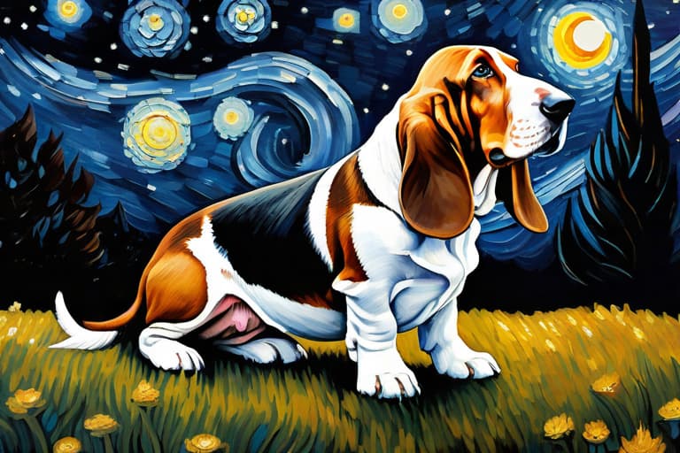  a painting of a basset hound dog portrait in the style of vincent van gogh the starry night, paint, big brushstrokes hyperrealistic, full body, detailed clothing, highly detailed, cinematic lighting, stunningly beautiful, intricate, sharp focus, f/1. 8, 85mm, (centered image composition), (professionally color graded), ((bright soft diffused light)), volumetric fog, trending on instagram, trending on tumblr, HDR 4K, 8K