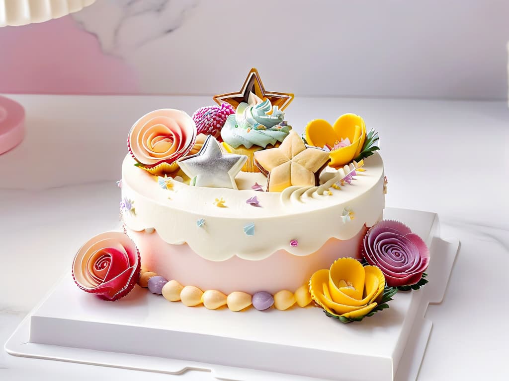  An ultradetailed 8k image of a beautifully crafted, minimalistic pastel display featuring a variety of intricately designed themed pastries such as unicorn cupcakes, galaxy macarons, and floral cakes, elegantly arranged on a sleek white marble countertop. Each pastry is meticulously decorated with vibrant colors and exquisite details, showcasing the artistry and creativity behind thematic bakery products. The image captures the essence of themed bakery merchandise in a sophisticated and visually appealing manner, perfect for inspiring marketing and promotional strategies for themed bakery products. hyperrealistic, full body, detailed clothing, highly detailed, cinematic lighting, stunningly beautiful, intricate, sharp focus, f/1. 8, 85mm, (centered image composition), (professionally color graded), ((bright soft diffused light)), volumetric fog, trending on instagram, trending on tumblr, HDR 4K, 8K