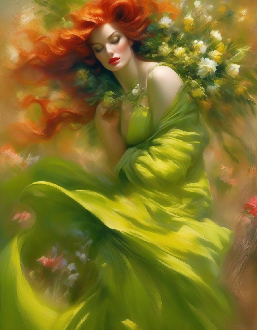  impressionist painting Painting of a woman in a green dress with a bouquet in her hands., stanley artgerm lau, steven artgerm lau, magali villeneuve', graphic artist magali villeneuve, artgerm lau, inspired by Magali Villeneuve, charlie bowater rich deep colors, Stanley Artgerm, red haired goddess, Стиль Stanley Artgermа . loose brushwork, vibrant color, light and shadow play, captures feeling over form hyperrealistic, full body, detailed clothing, highly detailed, cinematic lighting, stunningly beautiful, intricate, sharp focus, f/1. 8, 85mm, (centered image composition), (professionally color graded), ((bright soft diffused light)), volumetric fog, trending on instagram, trending on tumblr, HDR 4K, 8K