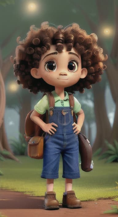  {The tree with a twinkling eye, while its leaves gently rustle., Riley, a curious with big brown eyes and curly hair, wearing overalls and carrying a small backpack. Their friend, Skye, a bluebird with shiny feathers.