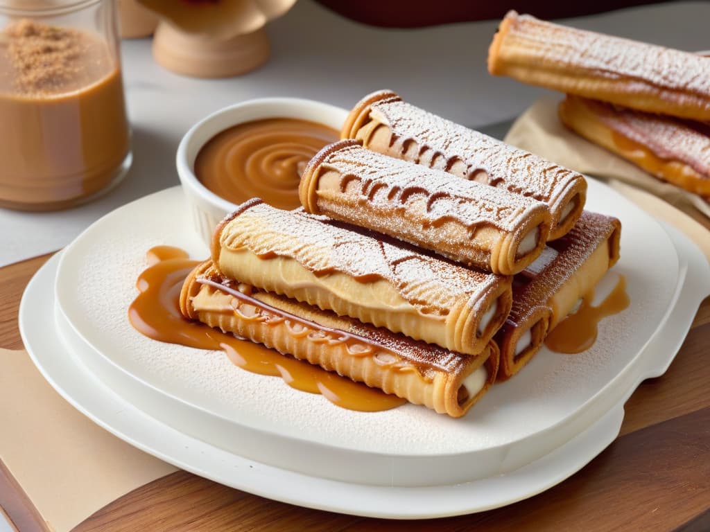  A photorealistic closeup image of a freshly baked dulce de lechefilled churro, dusted with cinnamon sugar and drizzled with a generous swirl of dulce de leche sauce. The churro is golden and crispy on the outside, while oozing with creamy dulce de leche as it's bitten into, showcasing the rich and indulgent nature of this Latin American dessert. The background is softly blurred, emphasizing the intricate details of the churro's texture and the glossy caramel of the dulce de leche. hyperrealistic, full body, detailed clothing, highly detailed, cinematic lighting, stunningly beautiful, intricate, sharp focus, f/1. 8, 85mm, (centered image composition), (professionally color graded), ((bright soft diffused light)), volumetric fog, trending on instagram, trending on tumblr, HDR 4K, 8K