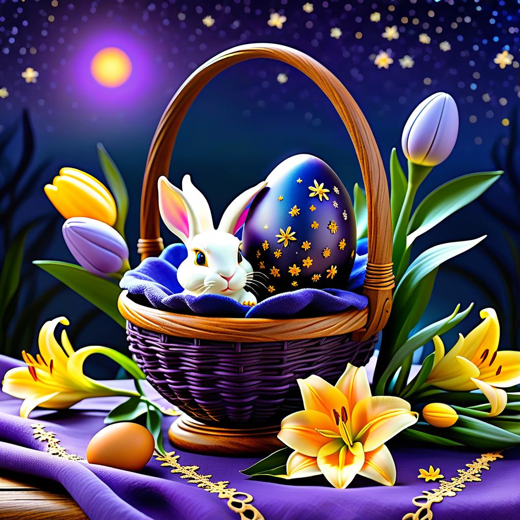  ethereal fantasy concept art of (Sky):starry night. (Colour):dark blue, violet, lilac. Yellow, orange cream lilies blossom on the background of the starry sky. On the openwork tablecloth is an Easter basket with Easter eggs. In the centre of the basket is a large decorative glass egg on a carved wooden stand. In the egg sits the Easter Bunny. (Bunny). Description: a small fluffy adorable bunny. Wool of delicate pastel colours: blue, lilac, the colour of cocoa with milk. Sits in the young grass around him painted Easter eggs: lilac pink orange red, blue, lettuce. . magnificent, celestial, ethereal, painterly, epic, majestic, magical, fantasy art, cover art, dreamy hyperrealistic, full body, detailed clothing, highly detailed, cinematic lighting, stunningly beautiful, intricate, sharp focus, f/1. 8, 85mm, (centered image composition), (professionally color graded), ((bright soft diffused light)), volumetric fog, trending on instagram, trending on tumblr, HDR 4K, 8K