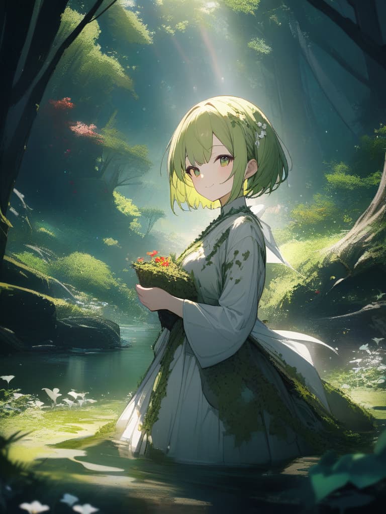  Masterpiece,Sunlight through the trees,(((One girl))),Cute,(((Delicate yellow green hair color))),Charming hair color,(((Pixie cut))),Starry eyes,(✪▽✪),((Dark green eye color)),Smile,Holy Light,White skin tone,((Ivy tangled body)),clothes made of ivy,Phosphorescent surface,Small white flowers,Red flowers,Deep forest with ivy,Deep forest background,Very small spring water,Moss,Super high quality,Super analysis,Super high resolution,16K, masterpiece, best quality,8k,ultra detailed,high resolution,an extremely delicate and beautiful,hyper detail