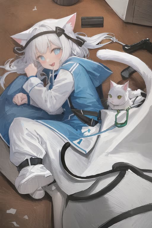  Cat, cat ears, white cats, white shirts, blue blankets, big, Yamabuki -colored eyes, eyes shining,, tongue licking, only one person