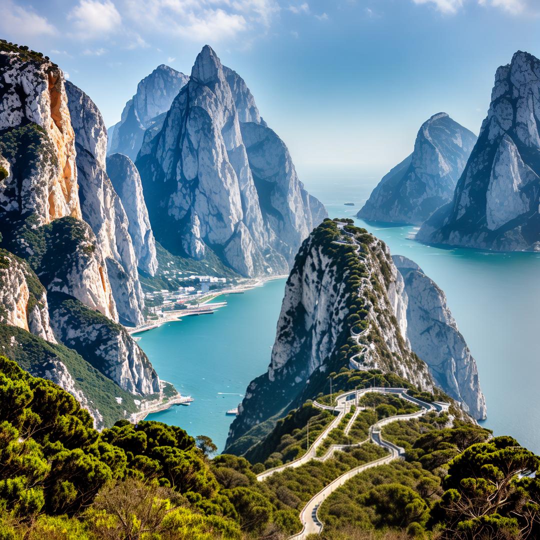  rock of Gibraltar hyperrealistic, full body, detailed clothing, highly detailed, cinematic lighting, stunningly beautiful, intricate, sharp focus, f/1. 8, 85mm, (centered image composition), (professionally color graded), ((bright soft diffused light)), volumetric fog, trending on instagram, trending on tumblr, HDR 4K, 8K