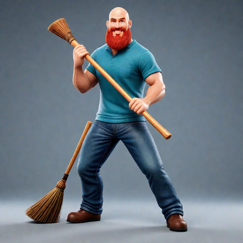  create a little 3d character with no hair green eyes red beard smiling with a broomstick in his hand right blue t shirt jeans hyperrealistic, full body, detailed clothing, highly detailed, cinematic lighting, stunningly beautiful, intricate, sharp focus, f/1. 8, 85mm, (centered image composition), (professionally color graded), ((bright soft diffused light)), volumetric fog, trending on instagram, trending on tumblr, HDR 4K, 8K