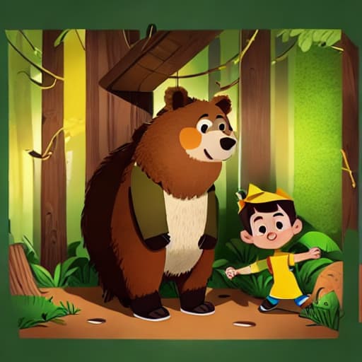  a boy with yellow hat and brown shirt and green pants, bear standing, in cabin