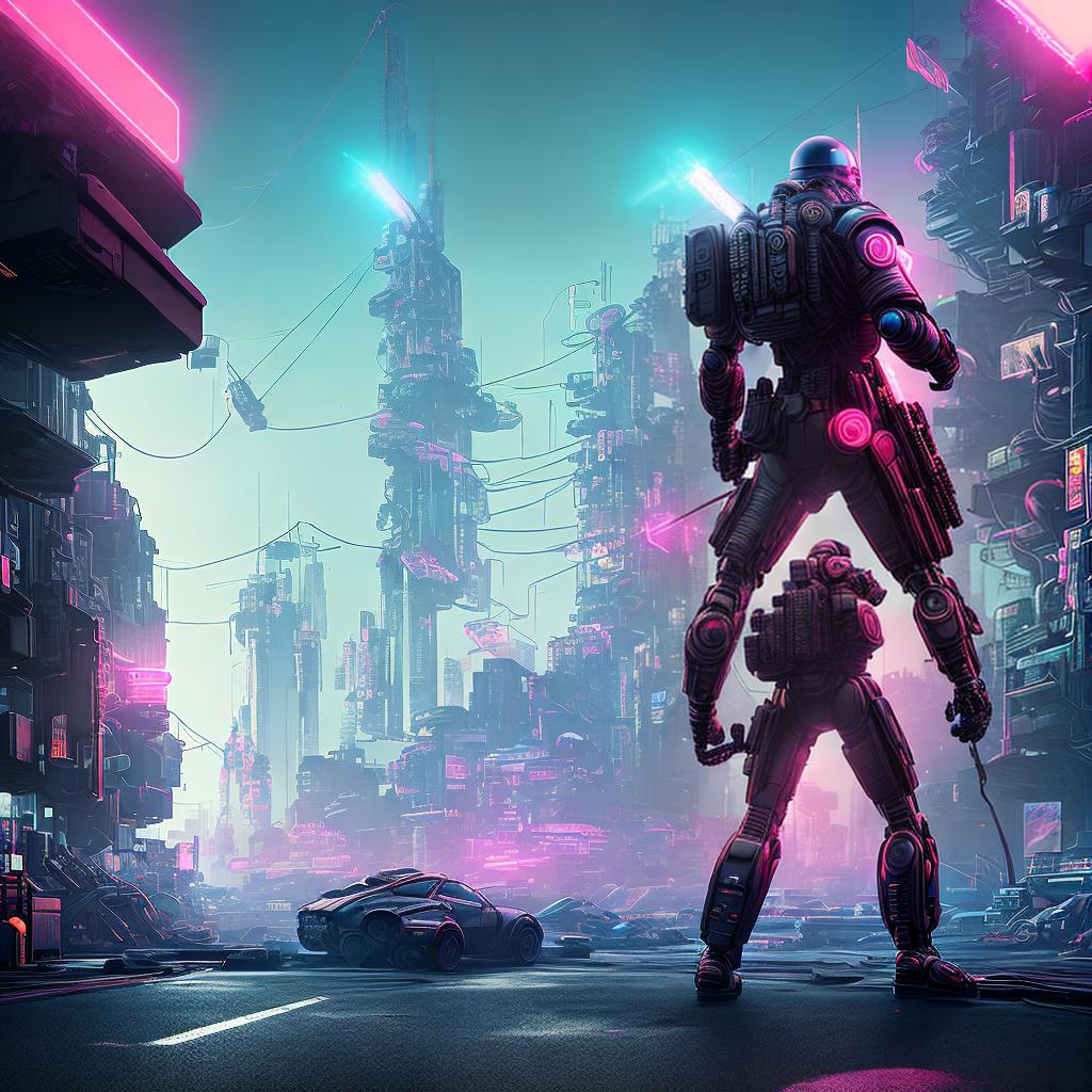 nvinkpunk ((Masterpiece)), (((Best quality))), 8k, high detailed, ultra-detailed. A futuristic mechanical soldier. Metallic armor shining under neon lights, standing tall in a post-apocalyptic city. Buildings crumbling in the background, revealing a glimpse of a destroyed skyline. Smoke and debris swirling in the air, creating an atmosphere of chaos. The soldier's glowing red eyes piercing through the darkness, showcasing its advanced targeting system. Neon signs flickering with distorted messages, adding a sense of eerie ambiance. Sparks flying from the soldier's powerful energy weapon, illuminating the scene with bursts of blue light. hyperrealistic, full body, detailed clothing, highly detailed, cinematic lighting, stunningly beautiful, intricate, sharp focus, f/1. 8, 85mm, (centered image composition), (professionally color graded), ((bright soft diffused light)), volumetric fog, trending on instagram, trending on tumblr, HDR 4K, 8K