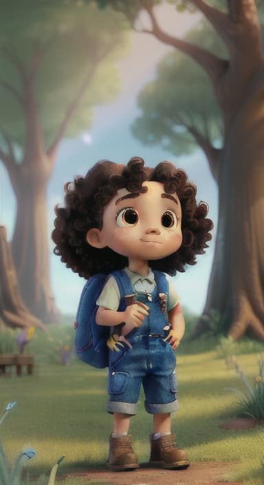  {The tree shining brightly and releasing a gentle, magical light., Riley, a curious with big brown eyes and curly hair, wearing overalls and carrying a small backpack. Their friend, Skye, a bluebird with shiny feathers.