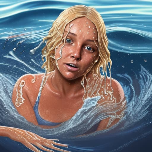  tanned blonde woman's face is in the water she's sinking and drowning she's panic a lot of water waves and splashes around her