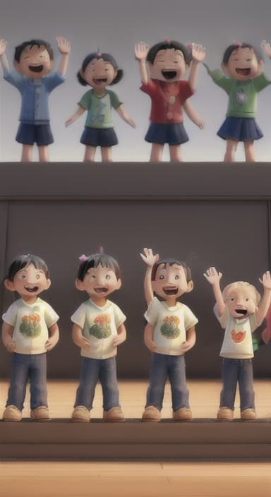  {A heartwarming scene of all the children waving goodbye with happy expressions., Children waving with wide smiles, looking grateful and content.