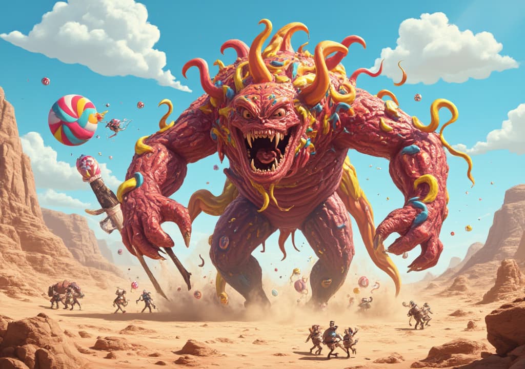  good quality, high quality, a colossal candy themed monster rampaging through a desert landscape, with vibrant colors and exaggerated proportions, scattering small figures in its path | surreal, cartoonish style, dynamic action, bright daylight | vibrant colors, fantasy setting