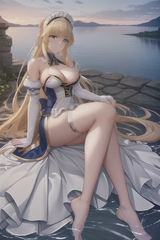  (score 9,score 8 up,score 7 up,),Fate saber,solo,maid,maid headdress,looking at viewer,outdoor,lake,apron,blonde hair,indoors,green eyes,bare foot,two feet in the water Barefoot in the water. big wave，lotus flower sex stunny hyperrealistic, full body, detailed clothing, highly detailed, cinematic lighting, stunningly beautiful, intricate, sharp focus, f/1. 8, 85mm, (centered image composition), (professionally color graded), ((bright soft diffused light)), volumetric fog, trending on instagram, trending on tumblr, HDR 4K, 8K