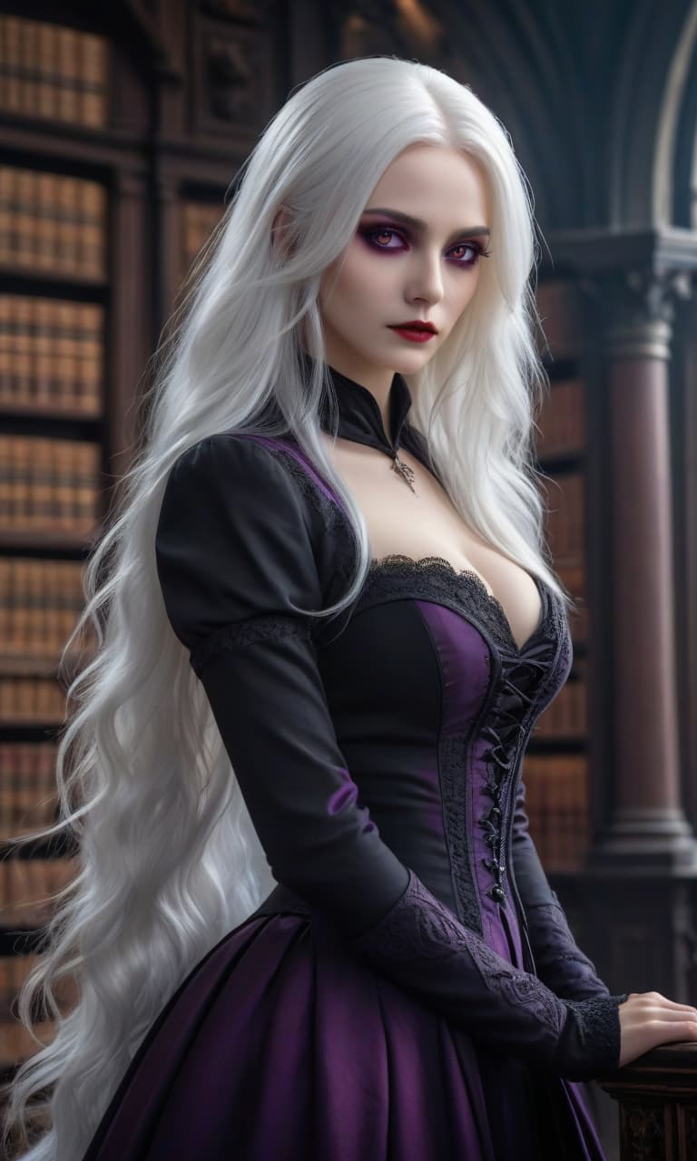  girl, sorcerer, long white hair, straight white hair, black hair ends, magic, body in cracks, face in cracks, black claws, black eyes, vampire, hair turns from white to black, purple tentacles, gothic castle, ball, white underlining under eyes, red eyes, library hyperrealistic, full body, detailed clothing, highly detailed, cinematic lighting, stunningly beautiful, intricate, sharp focus, f/1. 8, 85mm, (centered image composition), (professionally color graded), ((bright soft diffused light)), volumetric fog, trending on instagram, trending on tumblr, HDR 4K, 8K