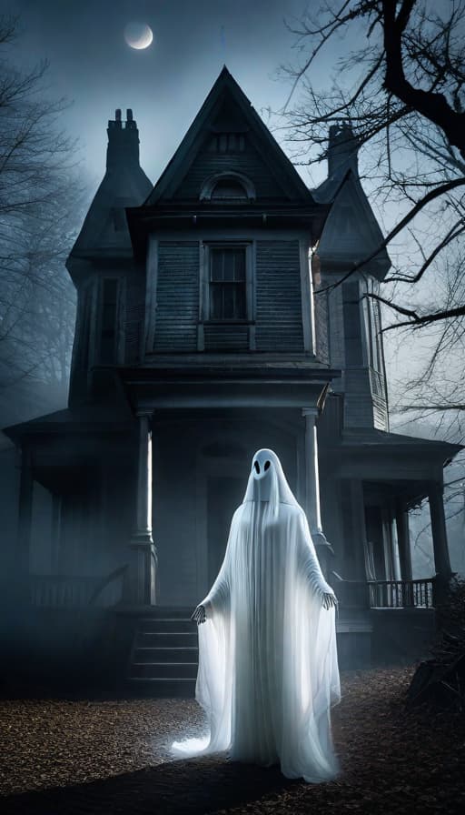  The image depicts a pale, translucent ghost named Casper haunting an eerie old house with misty moonlight illuminating the surroundings. hyperrealistic, full body, detailed clothing, highly detailed, cinematic lighting, stunningly beautiful, intricate, sharp focus, f/1. 8, 85mm, (centered image composition), (professionally color graded), ((bright soft diffused light)), volumetric fog, trending on instagram, trending on tumblr, HDR 4K, 8K