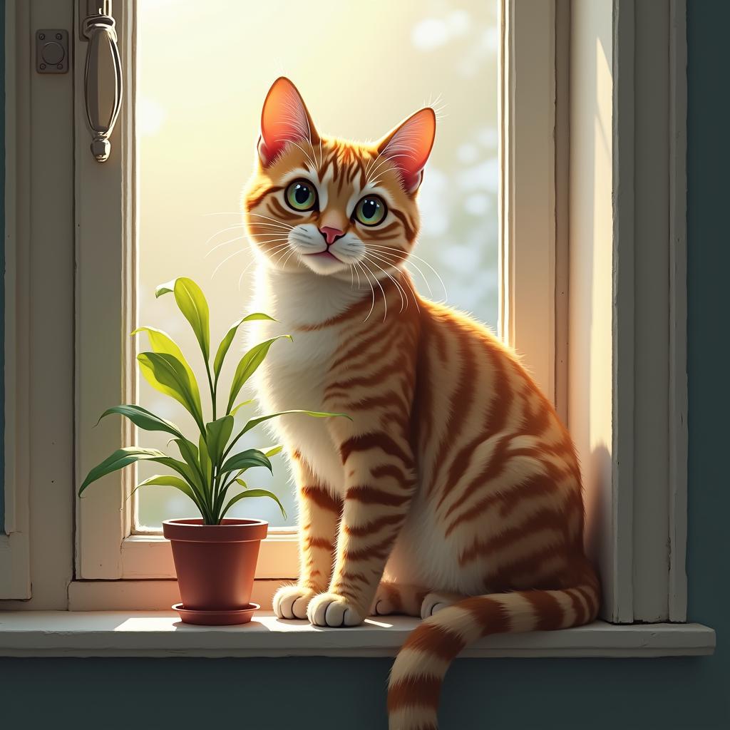  draw a cute cat sitting on a windowsill with a potted plant next to it. hyperrealistic, full body, detailed clothing, highly detailed, cinematic lighting, stunningly beautiful, intricate, sharp focus, f/1. 8, 85mm, (centered image composition), (professionally color graded), ((bright soft diffused light)), volumetric fog, trending on instagram, trending on tumblr, HDR 4K, 8K