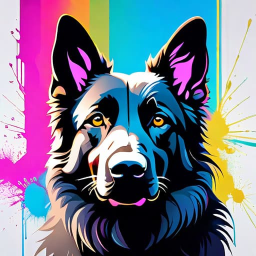  ((white background)),Banksy style, graffiti style Impactful composition, neon heat splash paint across the shape of a black shepherd dog's face, ((artistic)), body shoot, high detail, vibrant, urban, detailed, tag, mural hyperrealistic, full body, detailed clothing, highly detailed, cinematic lighting, stunningly beautiful, intricate, sharp focus, f/1. 8, 85mm, (centered image composition), (professionally color graded), ((bright soft diffused light)), volumetric fog, trending on instagram, trending on tumblr, HDR 4K, 8K