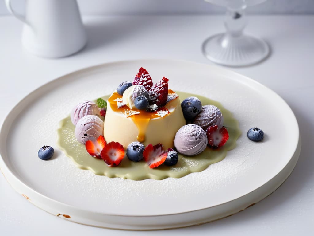  A highresolution, 8k ultradetailed image of a beautifully plated dessert on a white, minimalist ceramic plate. The dessert consists of a delicate scoop of lavenderinfused ice cream adorned with edible flowers and a drizzle of honey, surrounded by fresh berries and mint leaves. The soft, natural lighting highlights the vibrant colors and textures of the dessert, creating a visually appealing and appetizing composition. hyperrealistic, full body, detailed clothing, highly detailed, cinematic lighting, stunningly beautiful, intricate, sharp focus, f/1. 8, 85mm, (centered image composition), (professionally color graded), ((bright soft diffused light)), volumetric fog, trending on instagram, trending on tumblr, HDR 4K, 8K