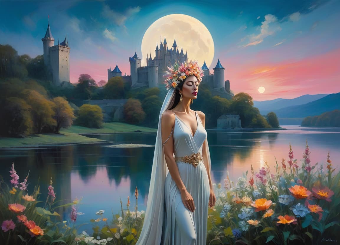  abstract expressionist painting An ethereal woman with a floral headdress stands before a serene landscape featuring a castle, a large moon, and a tranquil lake . energetic brushwork, bold colors, abstract forms, expressive, emotional hyperrealistic, full body, detailed clothing, highly detailed, cinematic lighting, stunningly beautiful, intricate, sharp focus, f/1. 8, 85mm, (centered image composition), (professionally color graded), ((bright soft diffused light)), volumetric fog, trending on instagram, trending on tumblr, HDR 4K, 8K