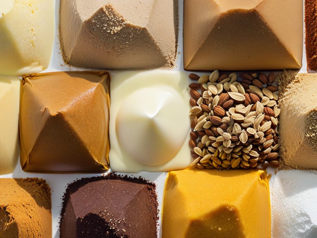  An ultrarealistic image of an array of exotic sugars commonly used in baking, showcasing the differences in texture, color, and grain size between panela, muscovado, demerara, and other specialty sugars. The image should be shot up close, capturing the intricate details of each sugar type, highlighting their unique characteristics and inviting the viewer to explore the world of exotic sweeteners in baking. hyperrealistic, full body, detailed clothing, highly detailed, cinematic lighting, stunningly beautiful, intricate, sharp focus, f/1. 8, 85mm, (centered image composition), (professionally color graded), ((bright soft diffused light)), volumetric fog, trending on instagram, trending on tumblr, HDR 4K, 8K