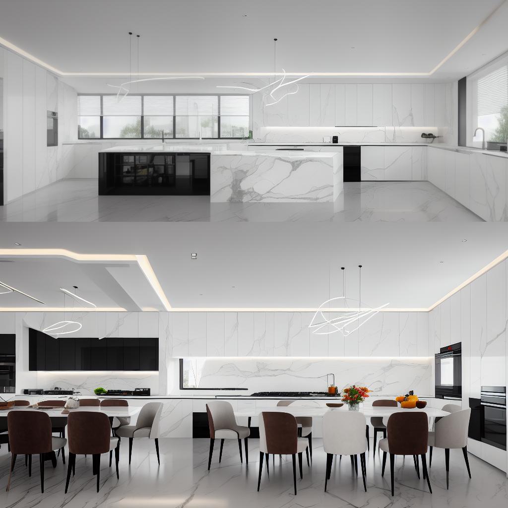  minimal architecture , modern kitchen , marble , luxury , kitchen table , dinner room , hyperrealistic, full body, detailed clothing, highly detailed, cinematic lighting, stunningly beautiful, intricate, sharp focus, f/1. 8, 85mm, (centered image composition), (professionally color graded), ((bright soft diffused light)), volumetric fog, trending on instagram, trending on tumblr, HDR 4K, 8K