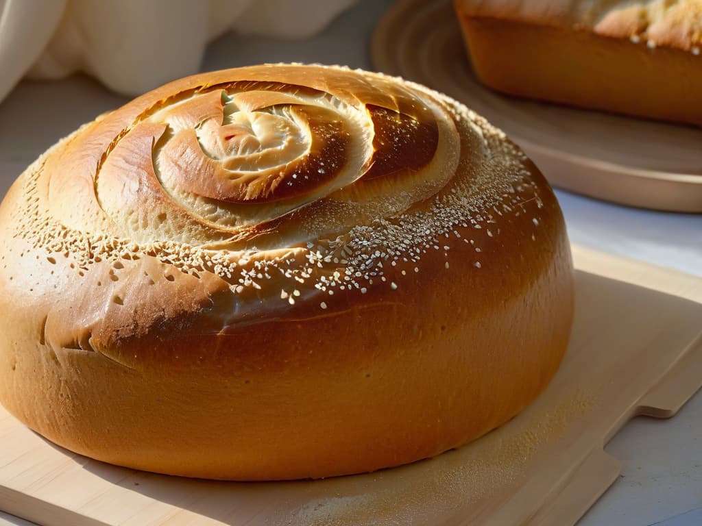  A closeup, minimalist image of a perfectly risen loaf of homemade bread, golden brown crust glistening under a gentle light. The intricate patterns on the crust showcase the artistry and skill of the baker, with subtle steam rising from the loaf hinting at its freshness. The background is a soft, neutral blur that emphasizes the bread's textures and colors, inviting the viewer to appreciate the simple beauty of this culinary creation. hyperrealistic, full body, detailed clothing, highly detailed, cinematic lighting, stunningly beautiful, intricate, sharp focus, f/1. 8, 85mm, (centered image composition), (professionally color graded), ((bright soft diffused light)), volumetric fog, trending on instagram, trending on tumblr, HDR 4K, 8K